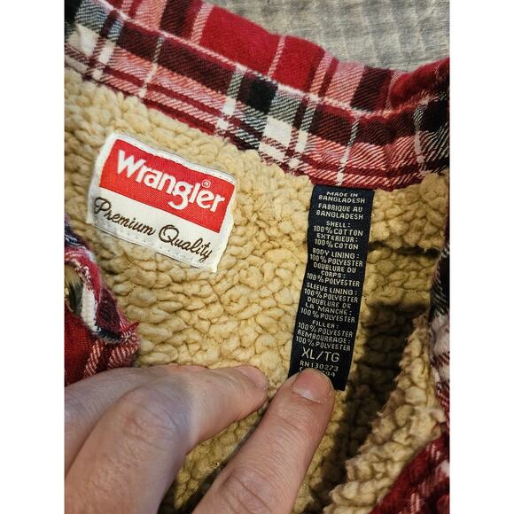 Wrangler sherpa lined flannel jacket red plaid mens XL camp chore button down - Picture 2 of 7